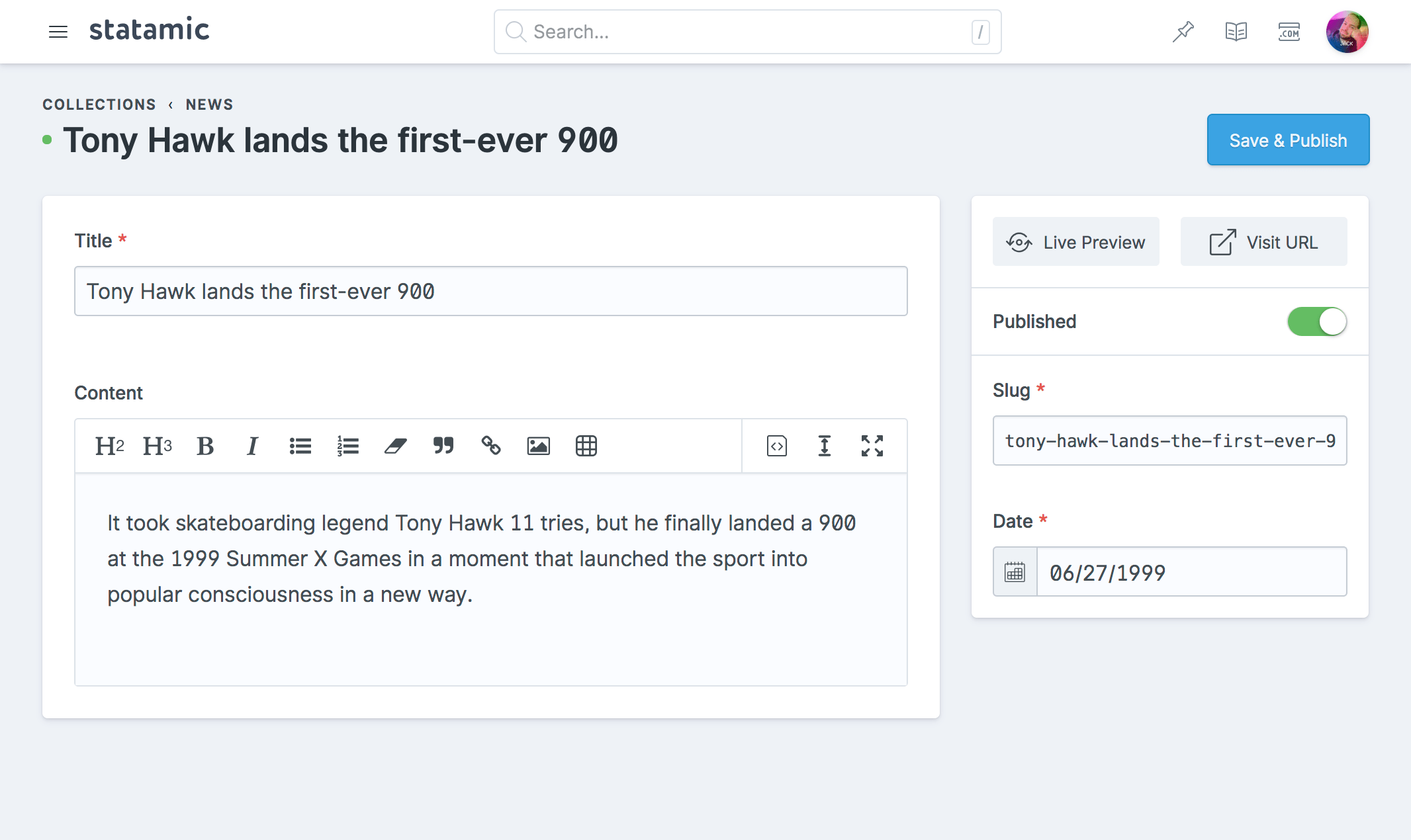 An entry being edited in the Statamic control panel